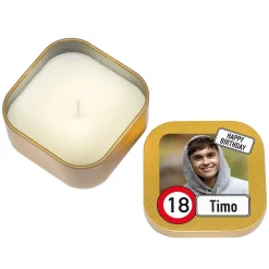 Kerze zum Geburtstag mit Foto, Name & Alter personalisiert | Mini Duftkerze im Verkehrszeichen Look