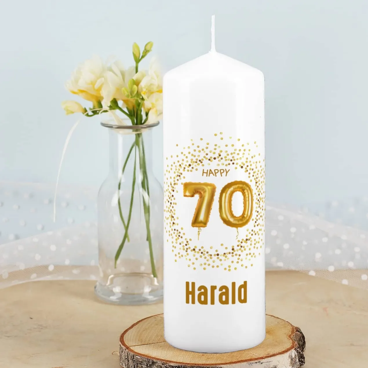 Kerze zum 70. Geburtstag mit Ihrem Namen persönlich bedruckt