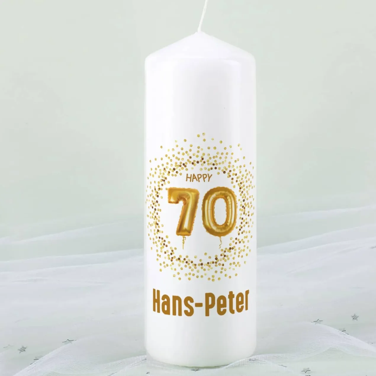 Kerze zum 70. Geburtstag mit Ihrem Namen persönlich bedruckt