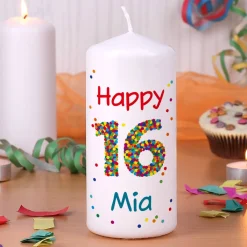 Kerze zum 16. Geburtstag mit Name und Wunschtext