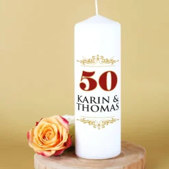 Kerze zur Goldenen Hochzeit mit Namen des Paares
