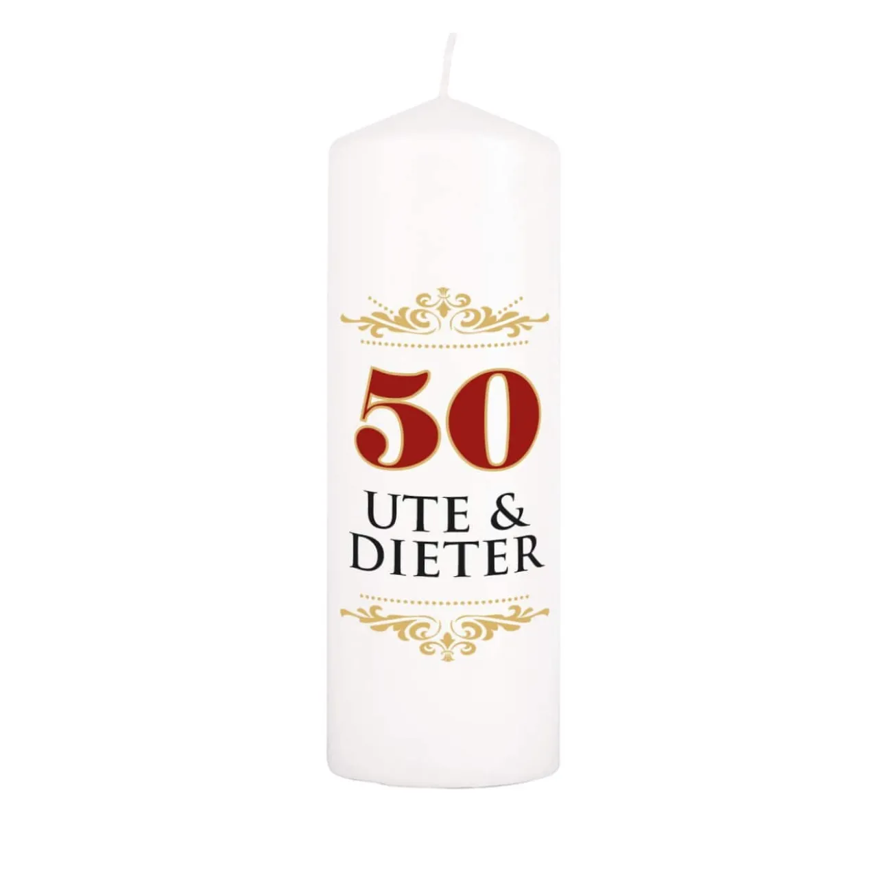 Kerze zur Goldenen Hochzeit mit Namen des Paares