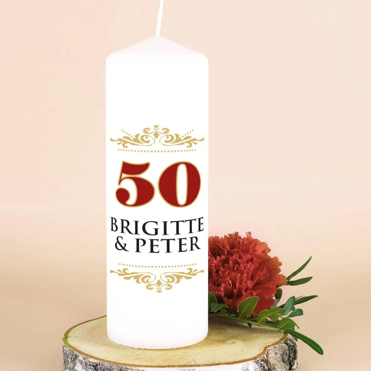 Kerze zur Goldenen Hochzeit mit Namen des Paares