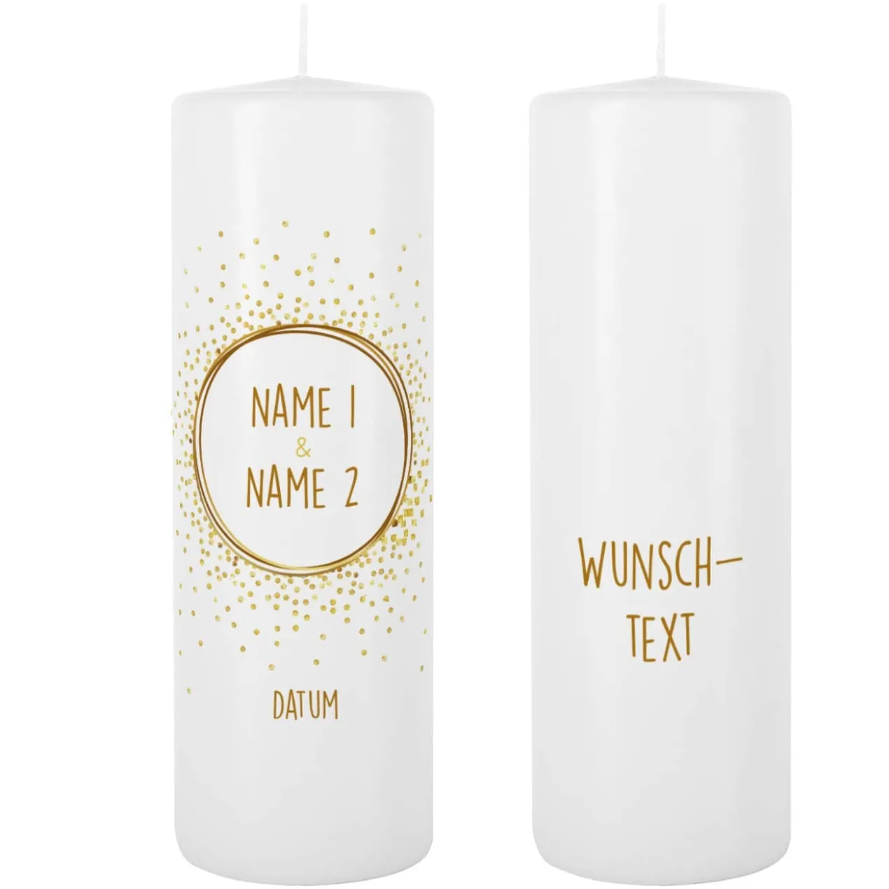 Kerze zur Hochzeit mit Punkten, Namen, Datum und Wunschtext