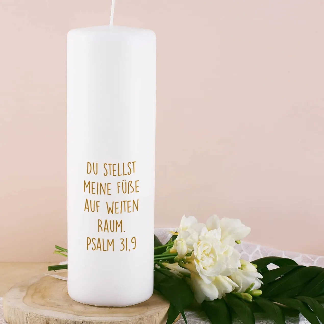 Kerze zur Hochzeit mit Punkten, Namen, Datum und Wunschtext