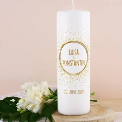 Kerze zur Hochzeit mit Punkten, Namen, Datum und Wunschtext