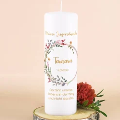 Kerze zur Jugendweihe mit Wildblumen im Watercolor Stil mit Name, Datum und Wunschtext