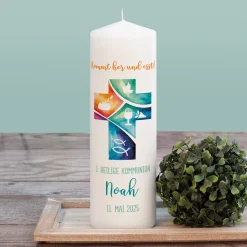 Kerze zur Konfirmation & Kommunion personalisierbar | Kommt her und esst!