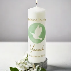 Kerze zur Konfirmation, Kommunion & Taufe personalisierbar mit Wunschdaten | Taube mit Zweig