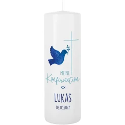 Kerze zur Konfirmation mit Kreuz, Taube und Fisch