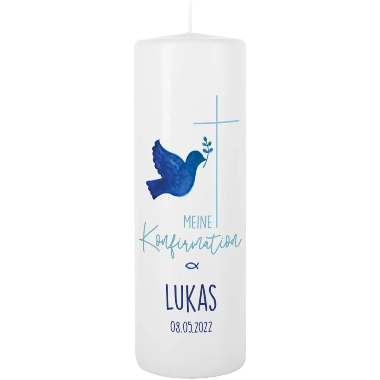Kerze zur Konfirmation mit Kreuz, Taube und Fisch