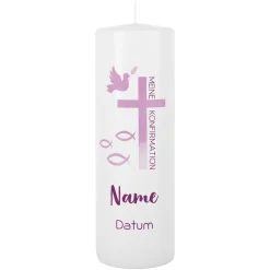Kerze zur Konfirmation - mit Name, Datum und Wunschtext in violett