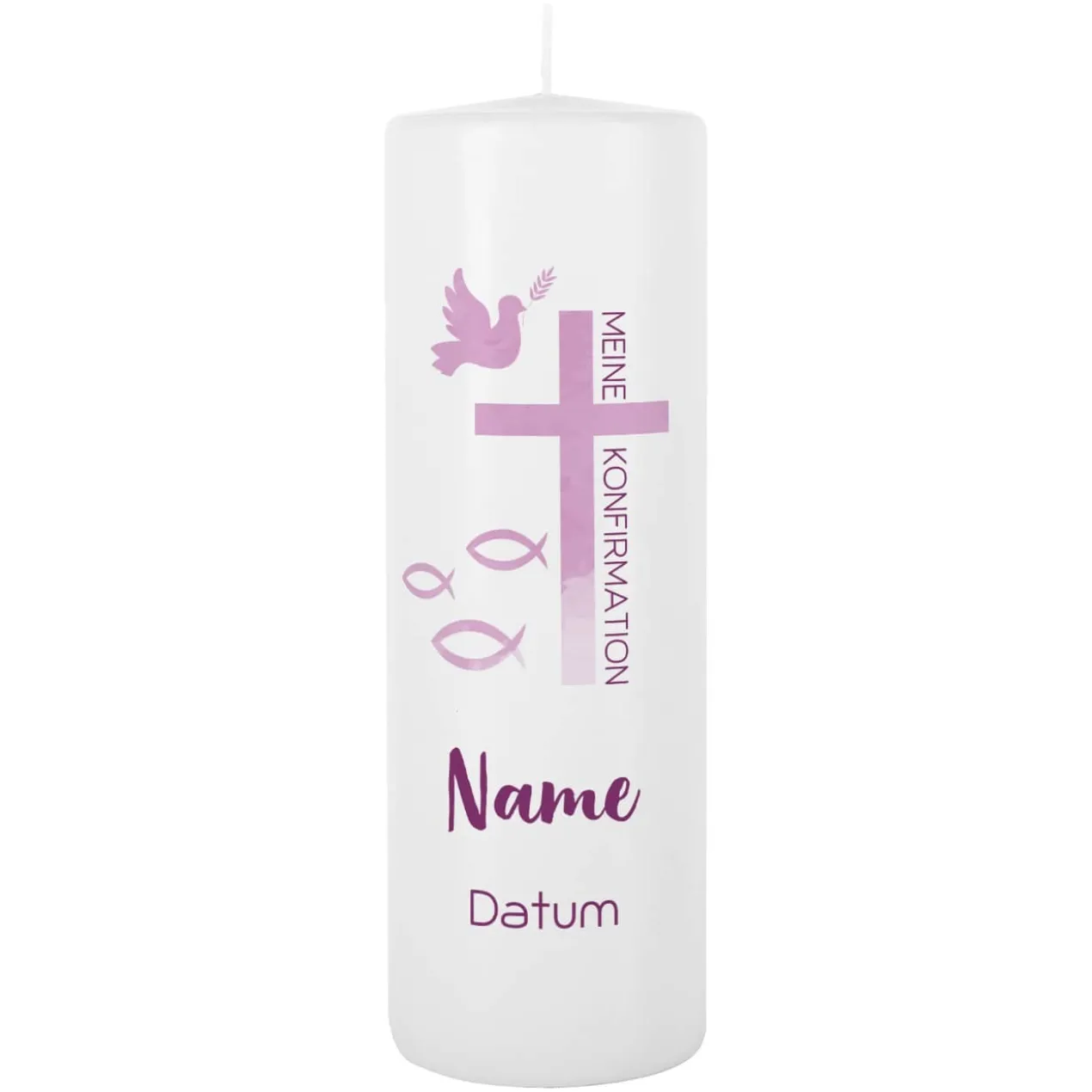 Kerze zur Konfirmation - mit Name, Datum und Wunschtext in violett