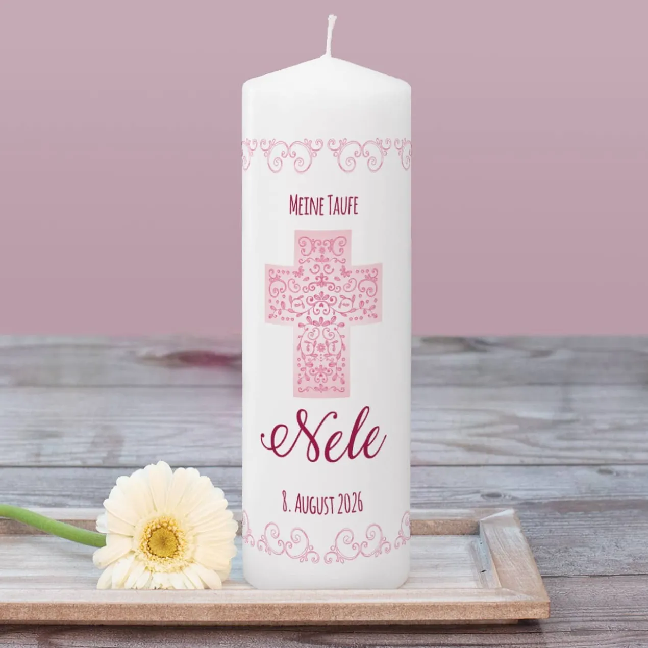 Kerze zur Taufe, Kommunion oder Konfirmation mit Name, Datum, Wunschtext in rosé, 25 x 8 cm