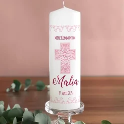 Kerze zur Taufe, Kommunion oder Konfirmation mit Name, Datum, Wunschtext in rosé, 25 x 8 cm