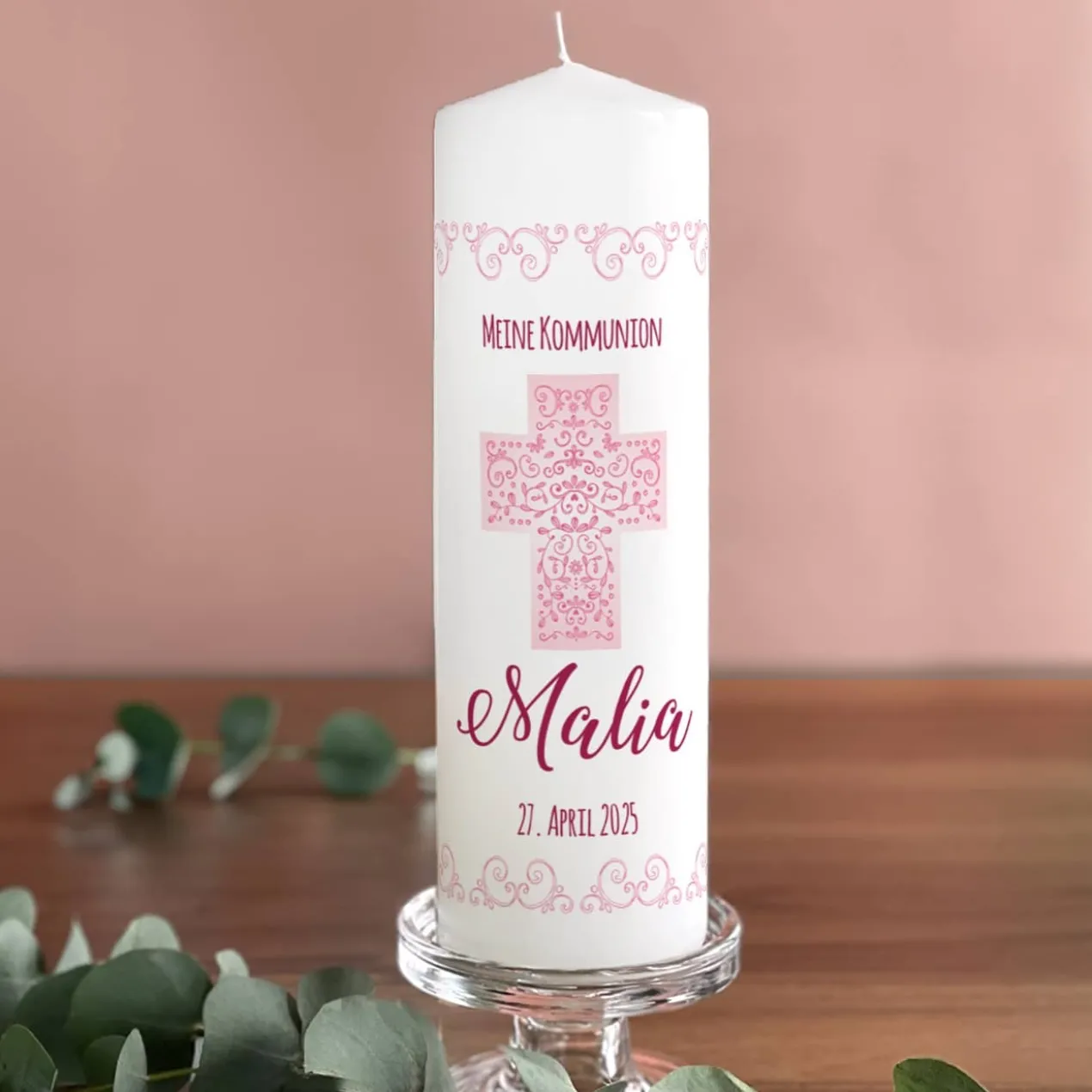 Kerze zur Taufe, Kommunion oder Konfirmation mit Name, Datum, Wunschtext in rosé, 25 x 8 cm