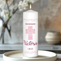 Kerze zur Taufe, Kommunion oder Konfirmation mit Name, Datum, Wunschtext in rosé, 25 x 8 cm