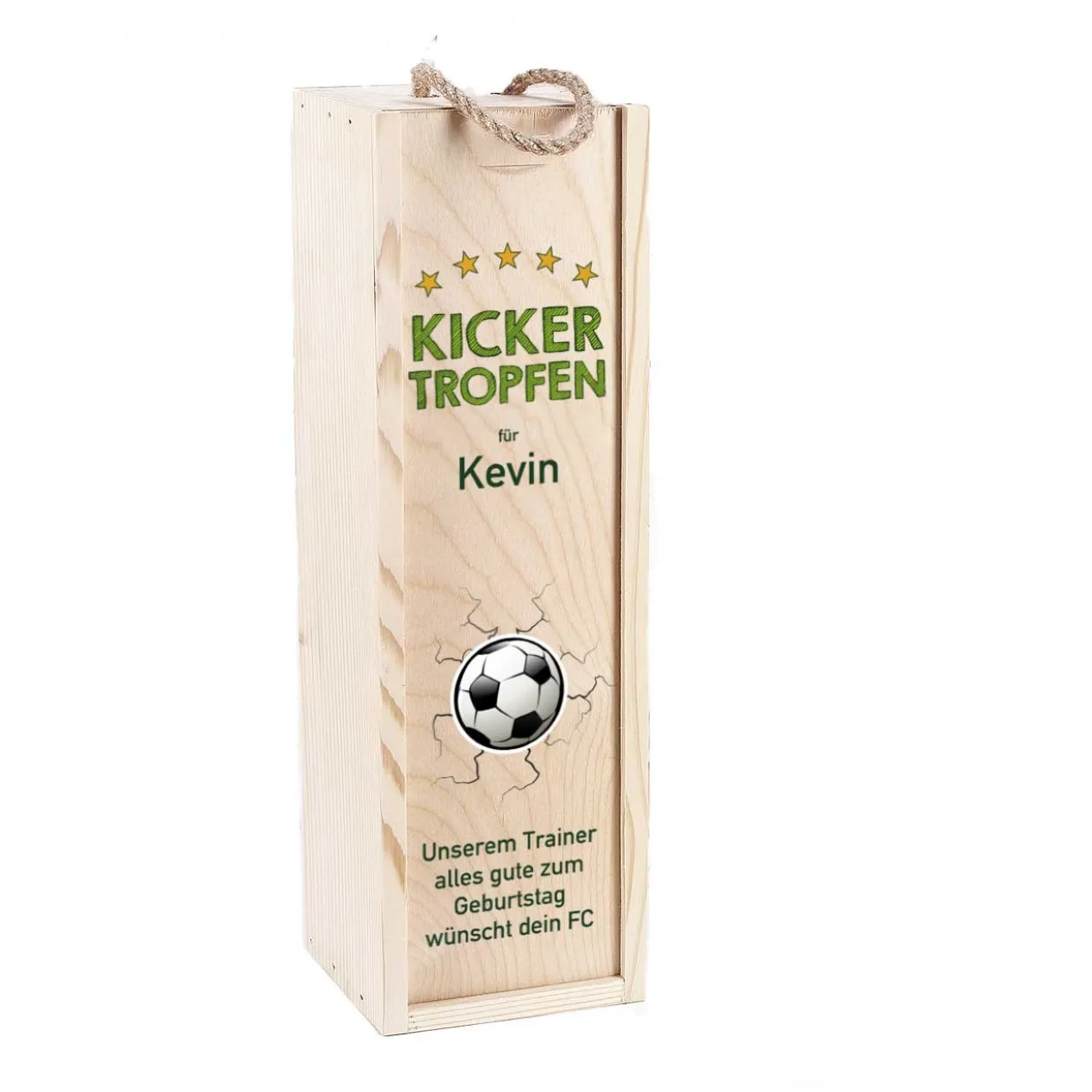 Kickertropfen - Flaschenverpackung aus Holz mit Name und Wunschtext für Fußballer