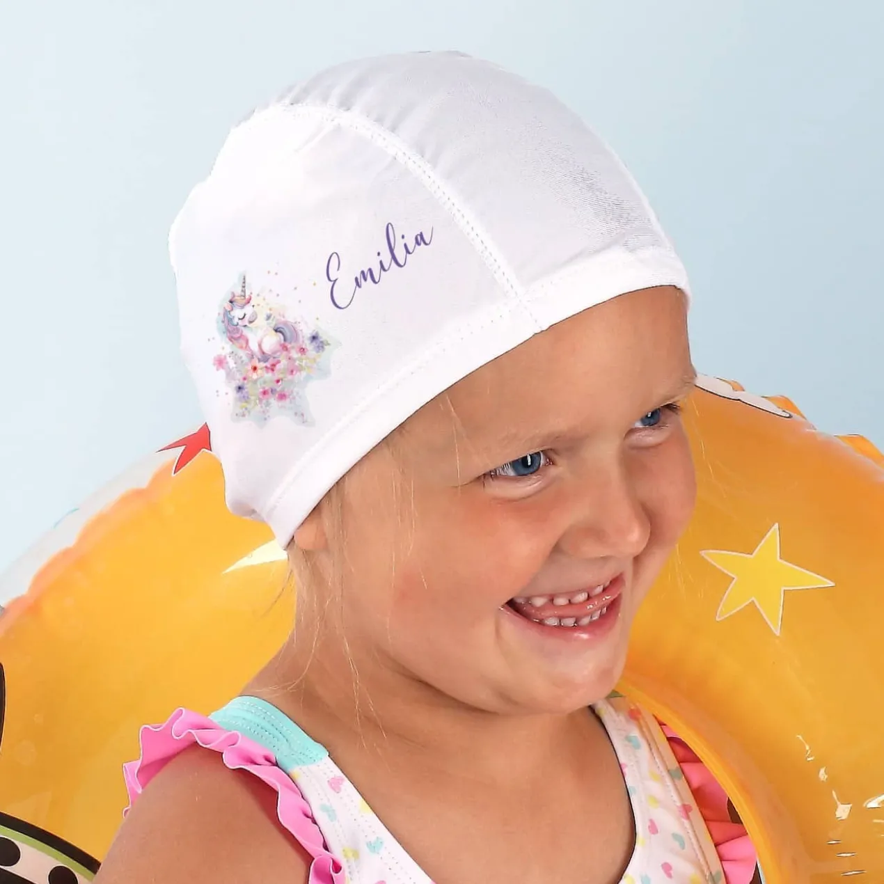 Kinderbadekappe mit Einhorn-Motiv und Name bedruckt