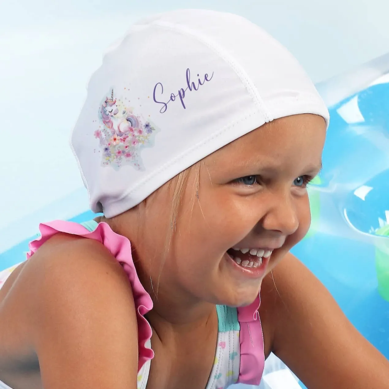 Kinderbadekappe mit Einhorn-Motiv und Name bedruckt