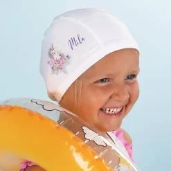 Kinderbadekappe mit Einhorn-Motiv und Name bedruckt