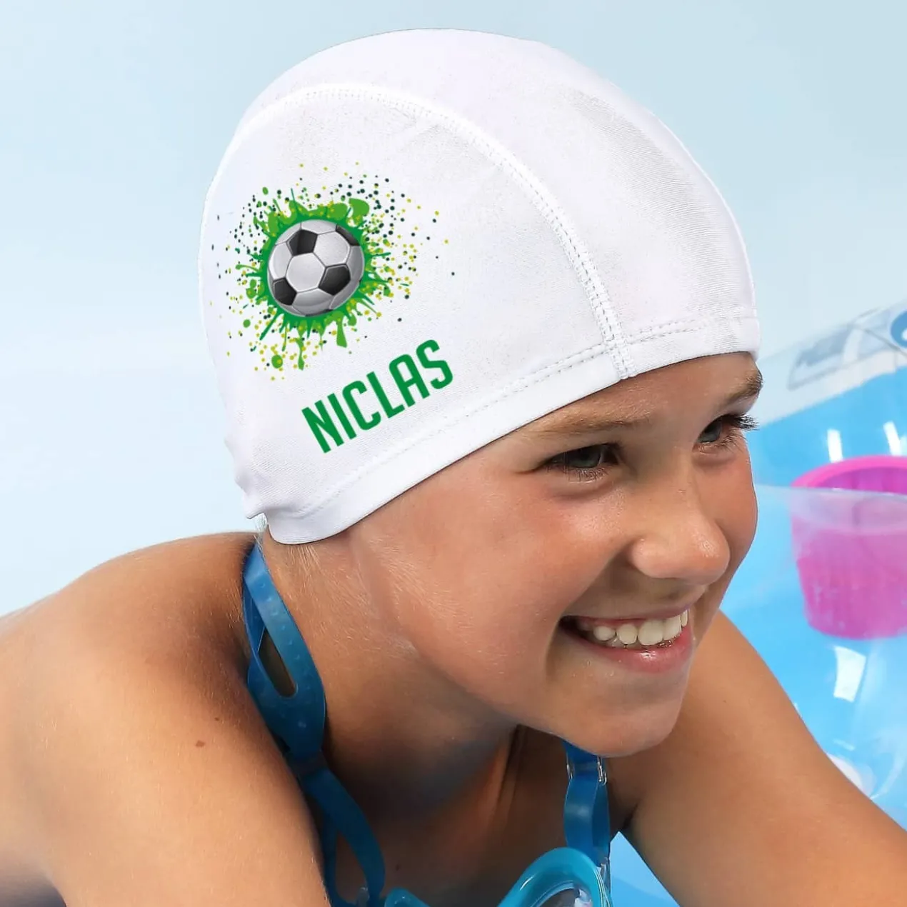 Kinderbadekappe mit Fußball-Motiv und Name bedruckt