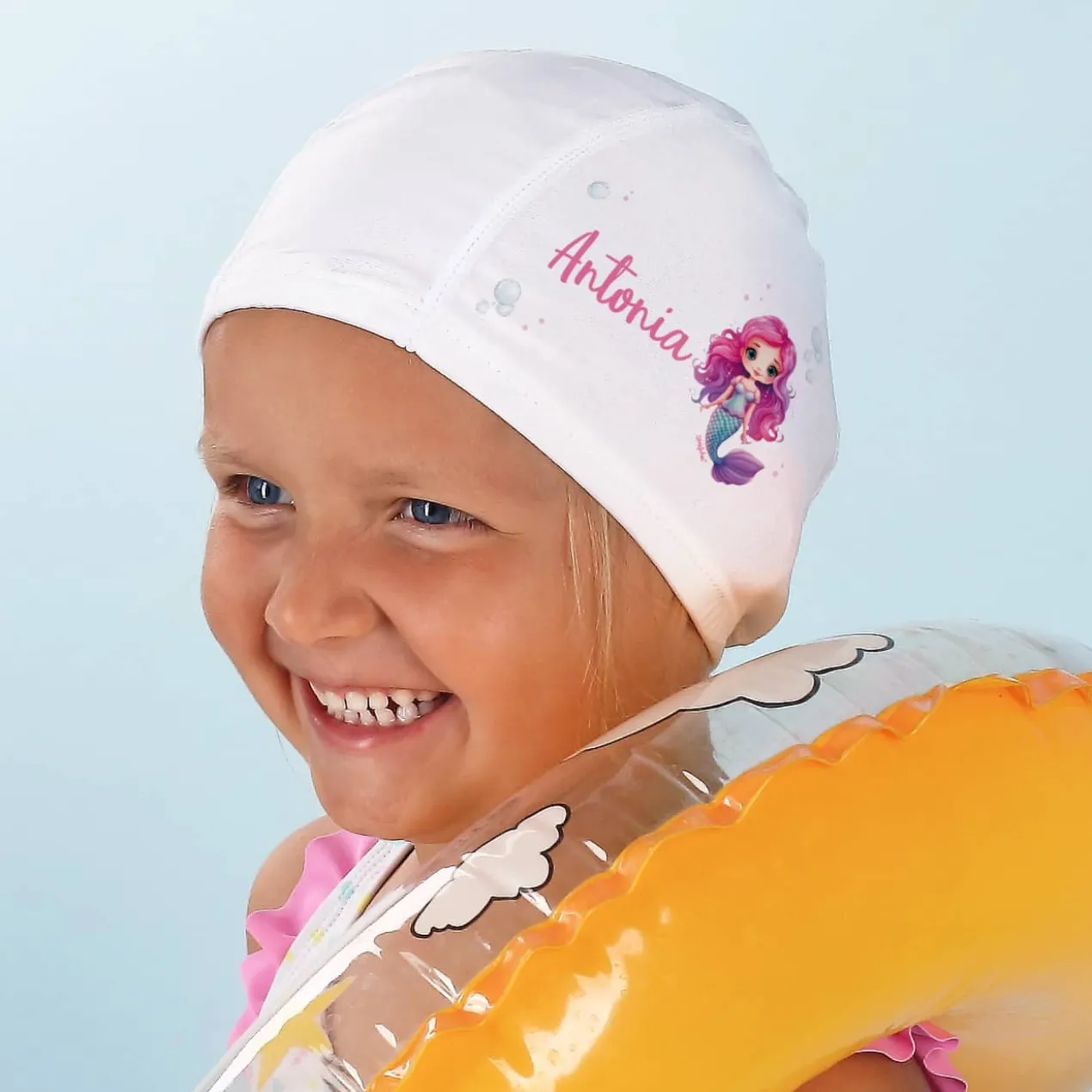 Kinderbadekappe mit Meerjungfrauen-Motiv und Name bedruckt