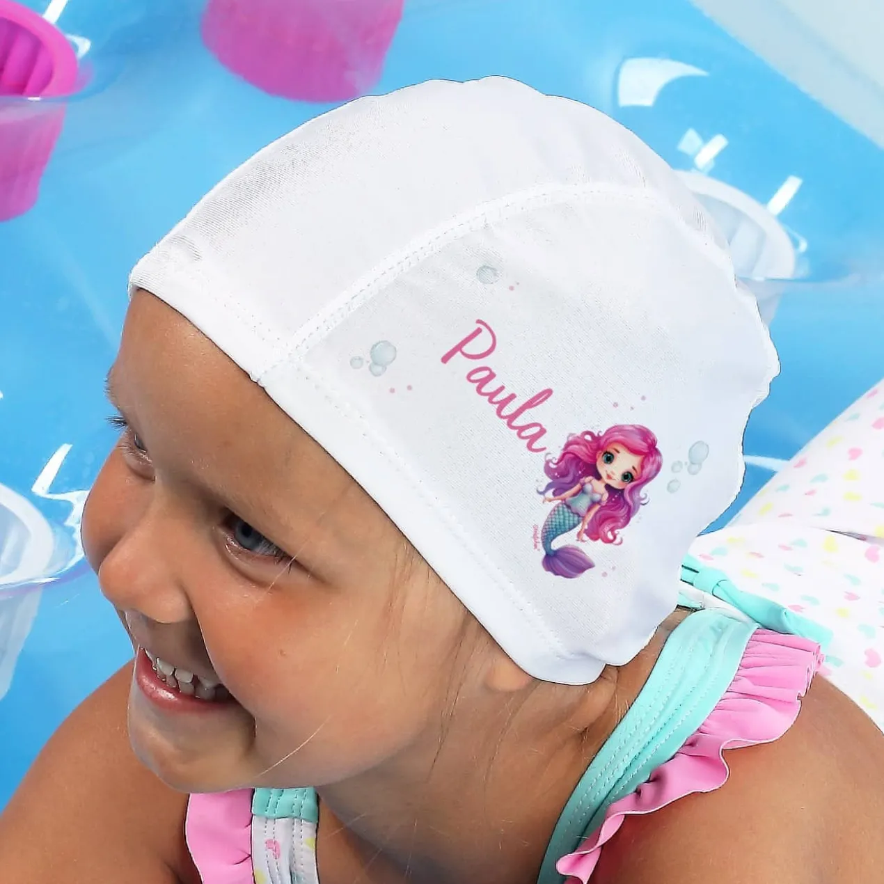 Kinderbadekappe mit Meerjungfrauen-Motiv und Name bedruckt