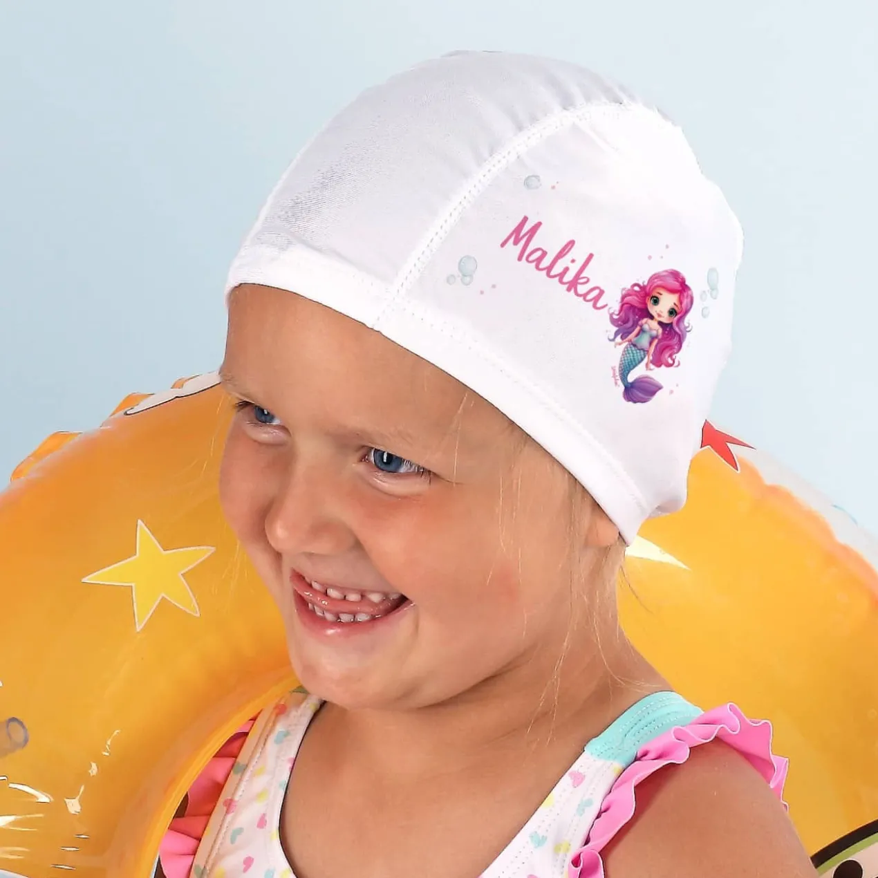 Kinderbadekappe mit Meerjungfrauen-Motiv und Name bedruckt