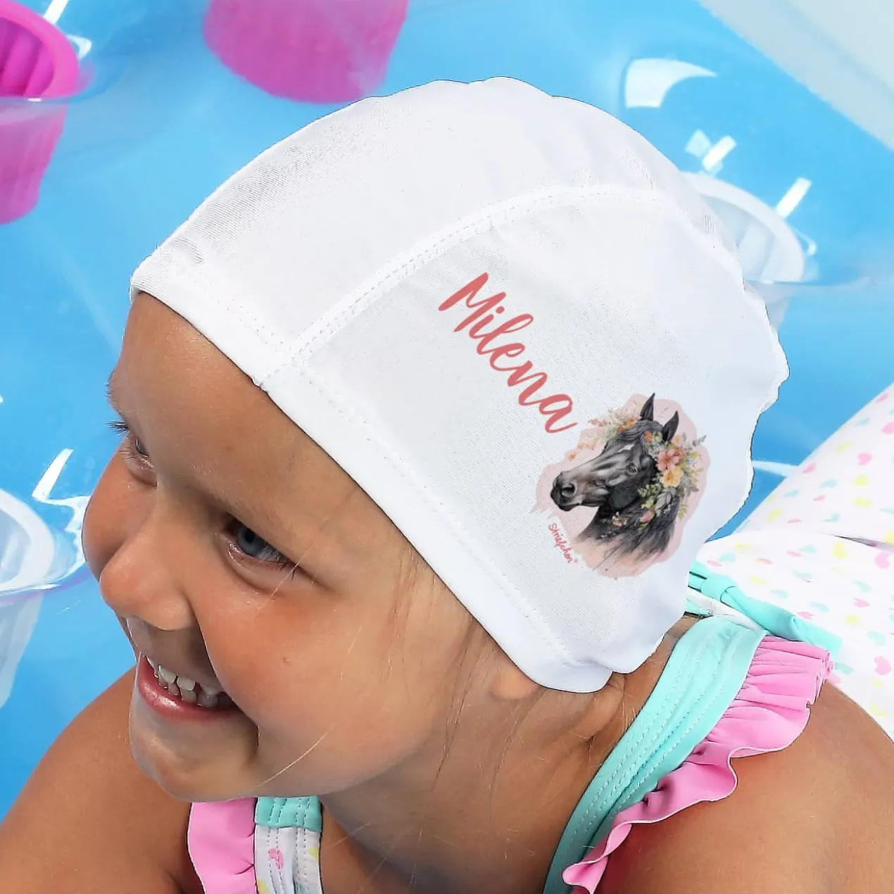 Kinderbadekappe mit Pferde-Motiv und Name bedruckt