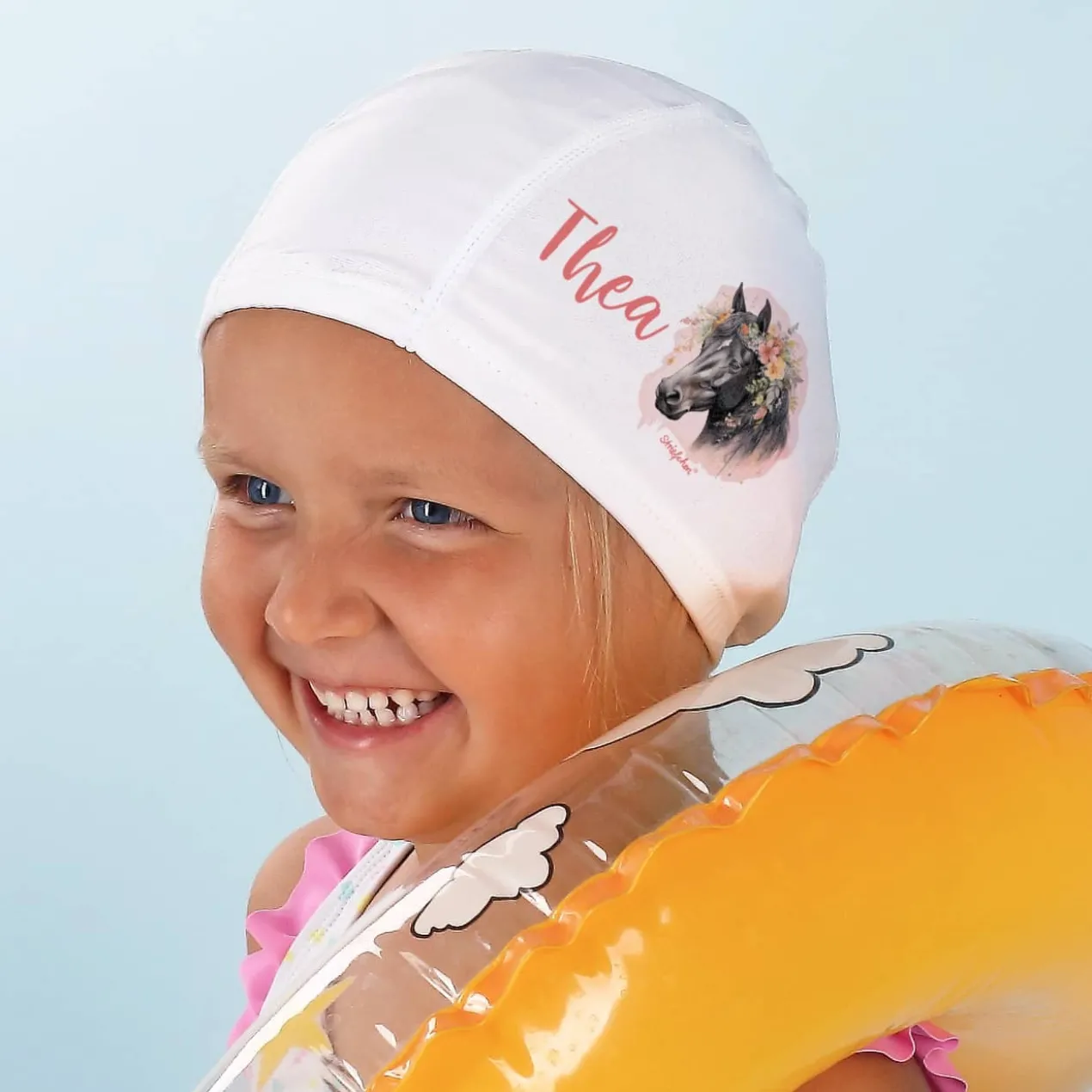 Kinderbadekappe mit Pferde-Motiv und Name bedruckt