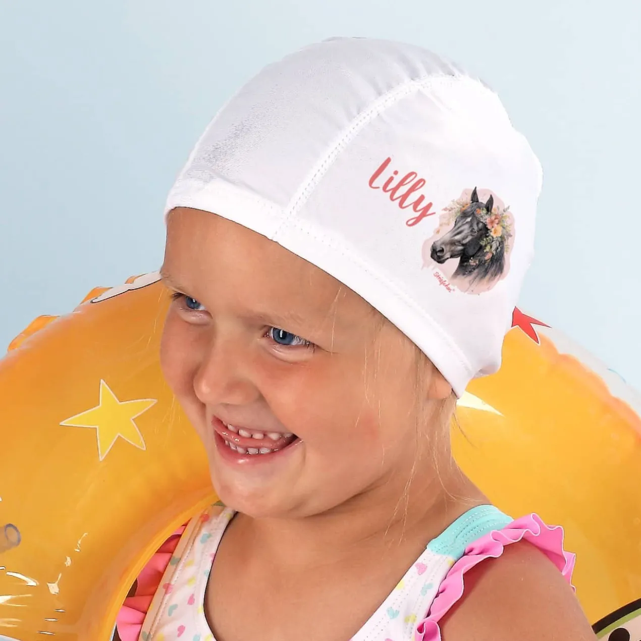 Kinderbadekappe mit Pferde-Motiv und Name bedruckt