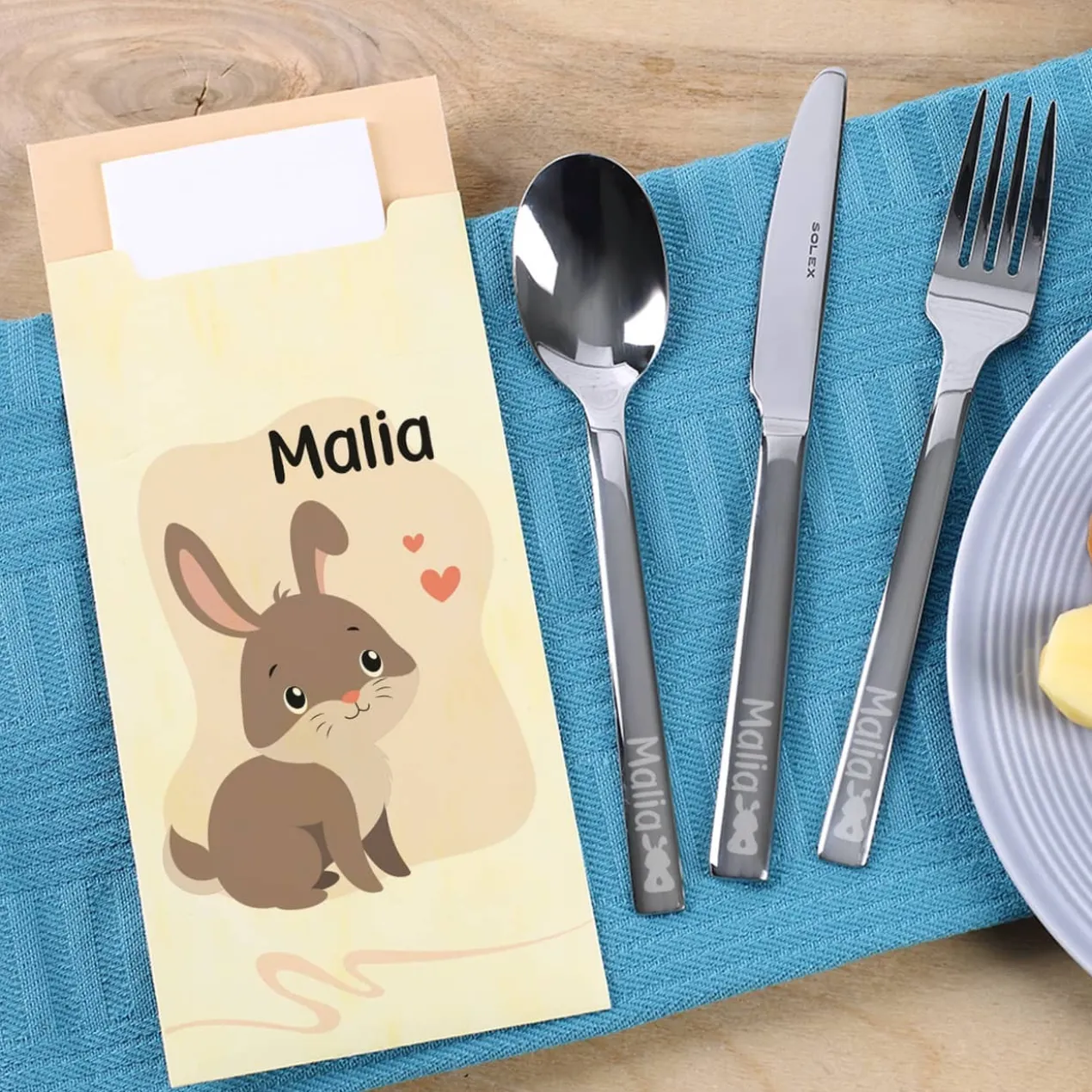 Kinderbesteck mit Hasenmotiv und Bestecktüte