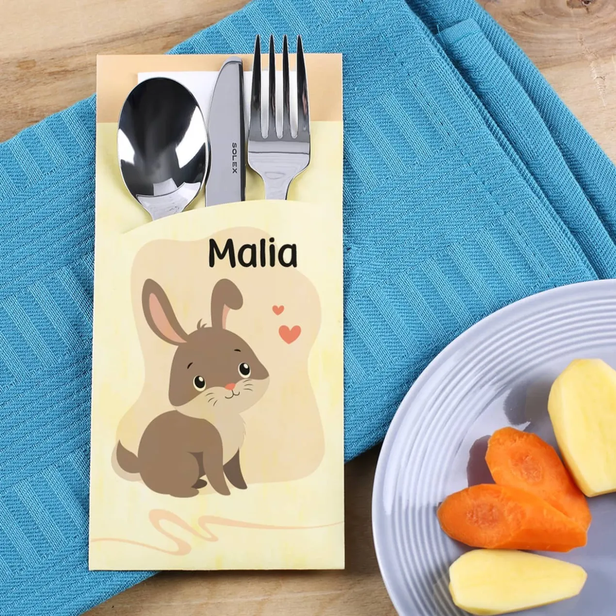 Kinderbesteck mit Hasenmotiv und Bestecktüte