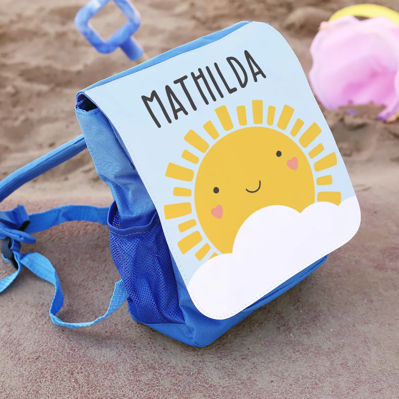Kindergarten Rucksack in blau mit Sonne Motiv & Name personalisiert | Geschenk für Jungen & Mädchen