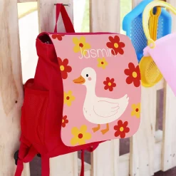 Kindergarten Rucksack in rot mit Gans Motiv & Name personalisiert | Geschenk für Mädchen zum Geburtstag