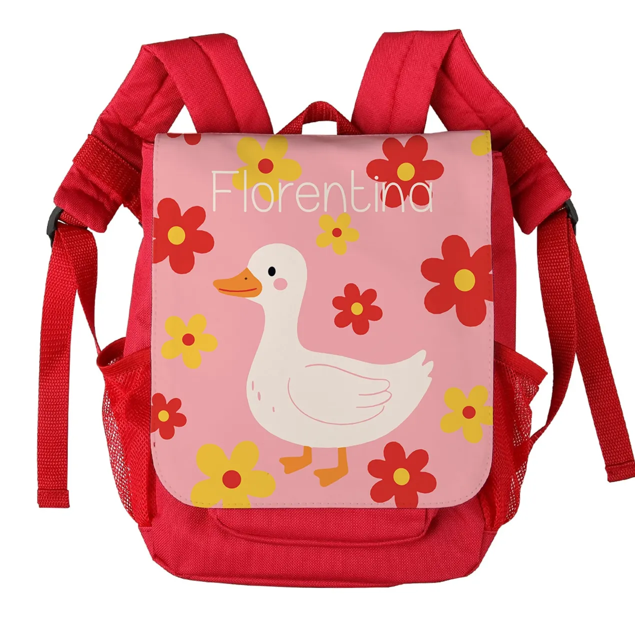 Kindergarten Rucksack in rot mit Gans Motiv & Name personalisiert | Geschenk für Mädchen zum Geburtstag