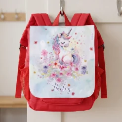 Kindergarten Rucksack in Rot mit Einhorn Motiv | Geschenk für Mädchen personalisiert mit Name