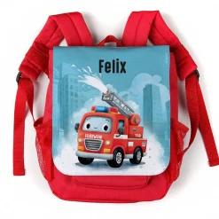 Kindergarten Rucksack in Rot mit Feuerwehr Motiv & Name | Persönliches Geschenk für Jungen & Mädchen