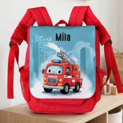 Kindergarten Rucksack in Rot mit Feuerwehr Motiv & Name | Persönliches Geschenk für Jungen & Mädchen