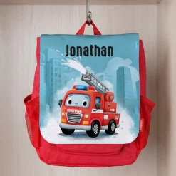 Kindergarten Rucksack in Rot mit Feuerwehr Motiv & Name | Persönliches Geschenk für Jungen & Mädchen