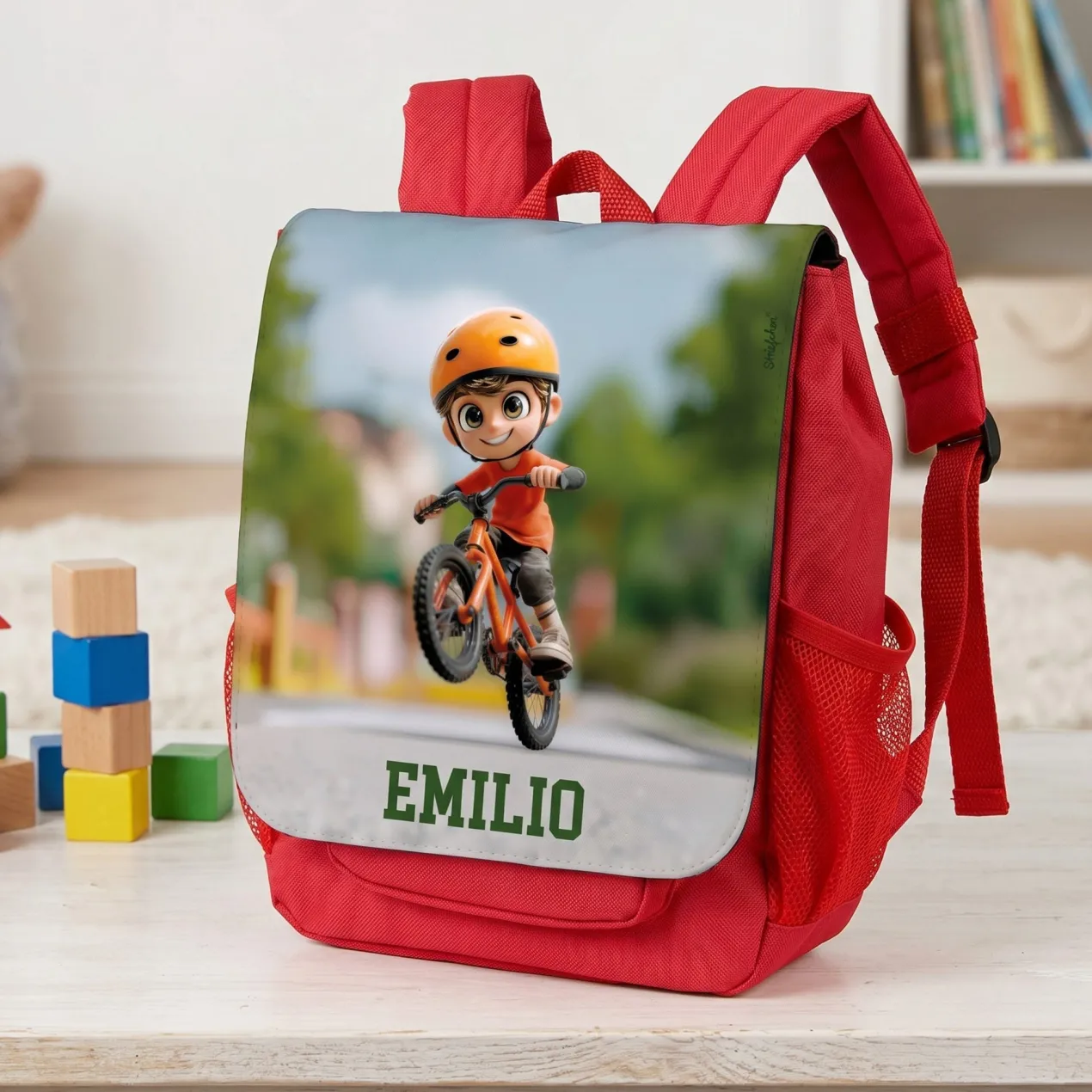 Kindergarten Rucksack in Rot mit Name & Fahrrad Motiv | Personalisiertes Geschenk für Jungen & Kinder