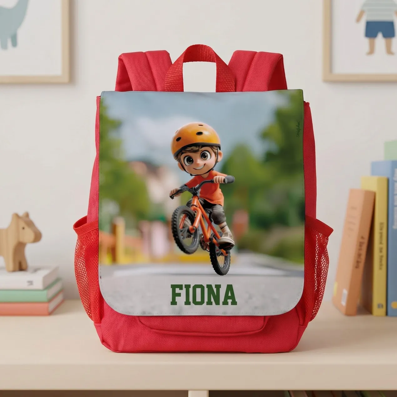 Kindergarten Rucksack in Rot mit Name & Fahrrad Motiv | Personalisiertes Geschenk für Jungen & Kinder