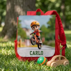 Kindergarten Rucksack in Rot mit Name & Fahrrad Motiv | Personalisiertes Geschenk für Jungen & Kinder