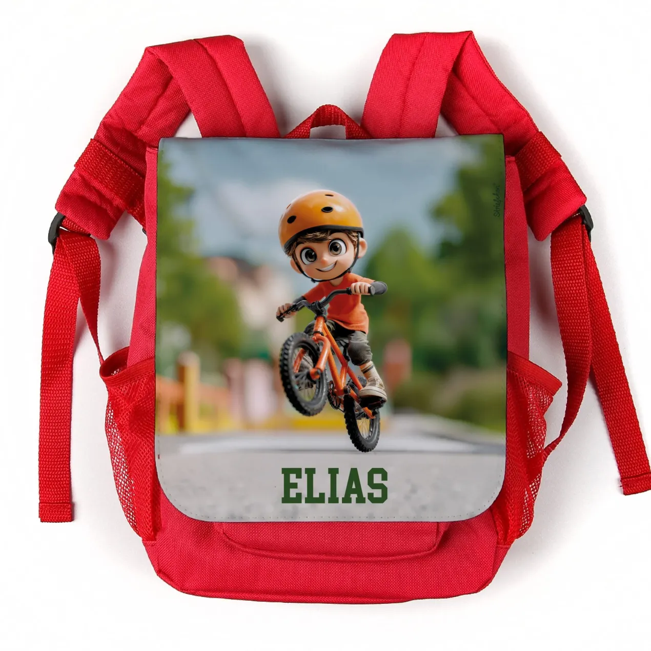 Kindergarten Rucksack in Rot mit Name & Fahrrad Motiv | Personalisiertes Geschenk für Jungen & Kinder