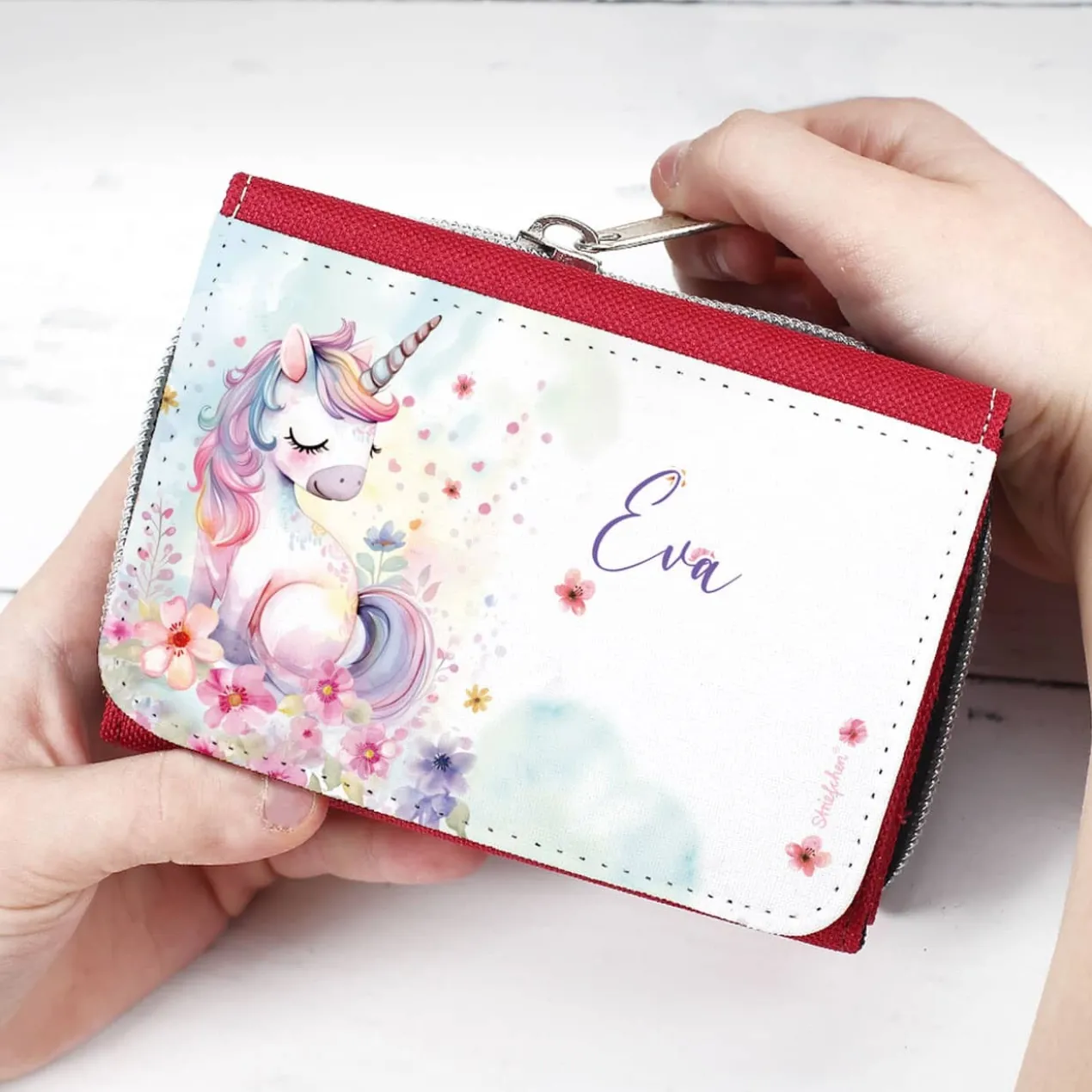 Kinder-Geldbörse mit Einhorn-Motiv, Blumen und Name