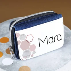 Kindergeldbörse mit Jeansoptik und roséfarbenem Motiv mit Name