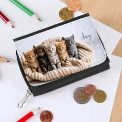 Kinder Geldbörse mit niedlichem Katzen Motiv und Name personalisiert zur Einschulung