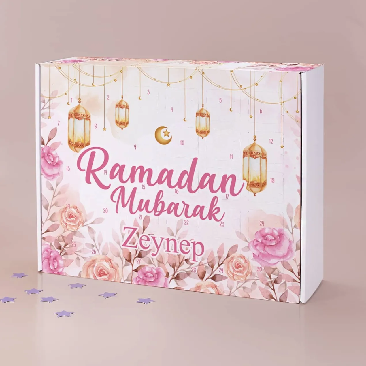 Kinder Ramadan Kalender mit Blumenmotiv in rosa und gold