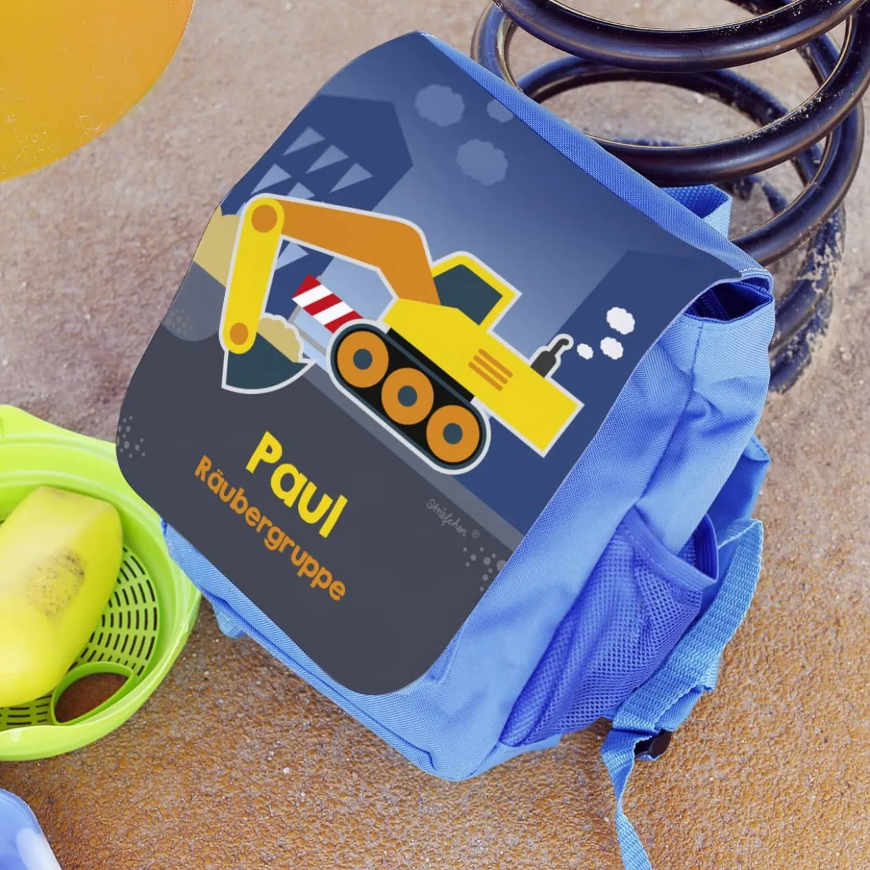 Kinderrucksack mit Bagger, Name und Wunschzeile